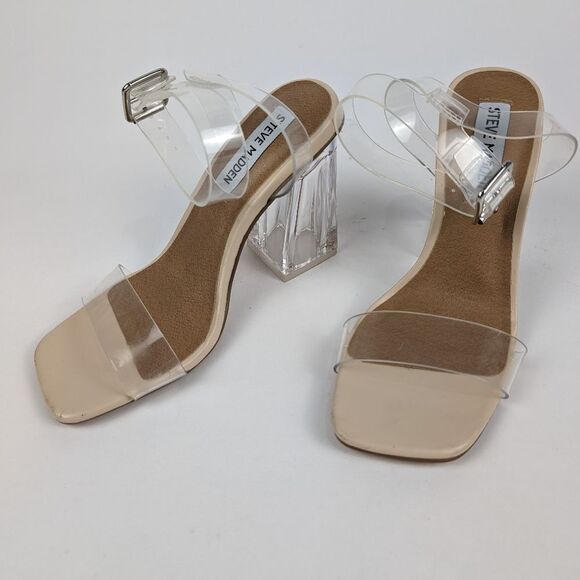 Steve Madden Hundred Clear Plastic Nude Beige Sandals Plastic Heels Size 5 Women - Picture 2 of 11